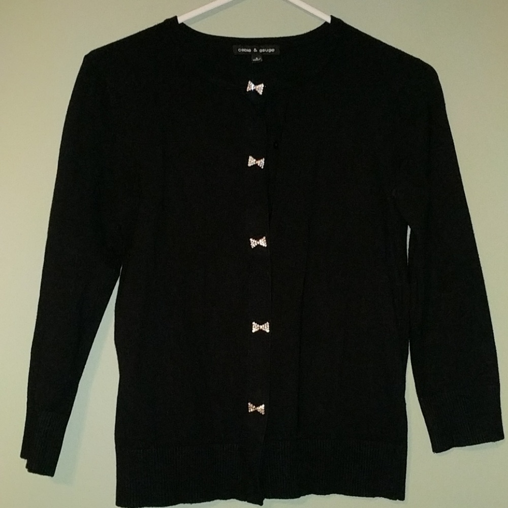 Black cardigan with glitzy bow buttons